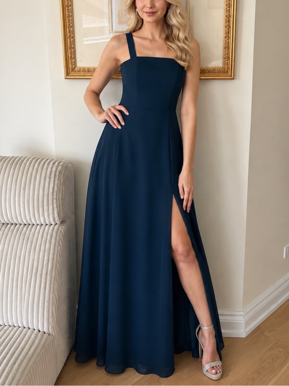 Classic Navy Square-Neck Evening Dress with Side Slit